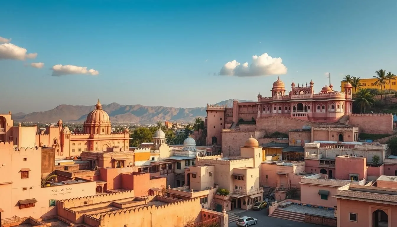 Aerial view of Jaipur's Pink City with Hawa Mahal and surrounding architecture under golden sunset light