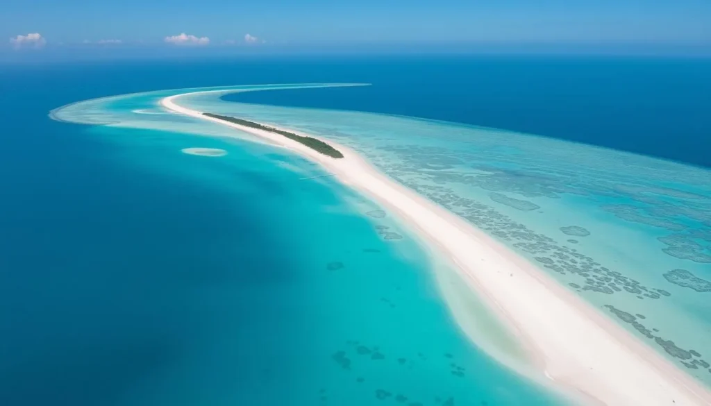 Aerial view of Kalanggaman Island showing the long white sandbar extending into turquoise waters Aerial view of Kalanggaman Island showing the long white sandbar extending into turquoise waters