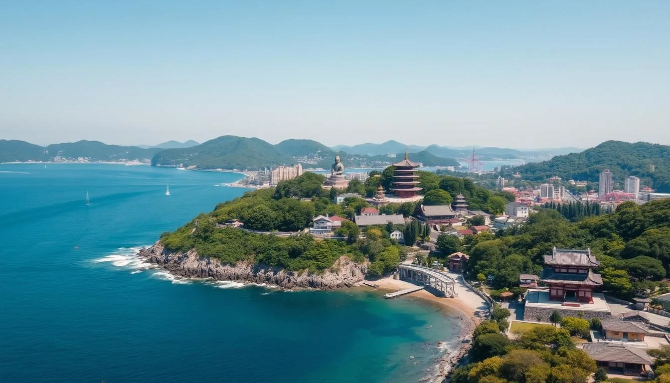 Aerial view of Kamakura showing the coastline and temples nestled among green hills with the Great Buddha visible