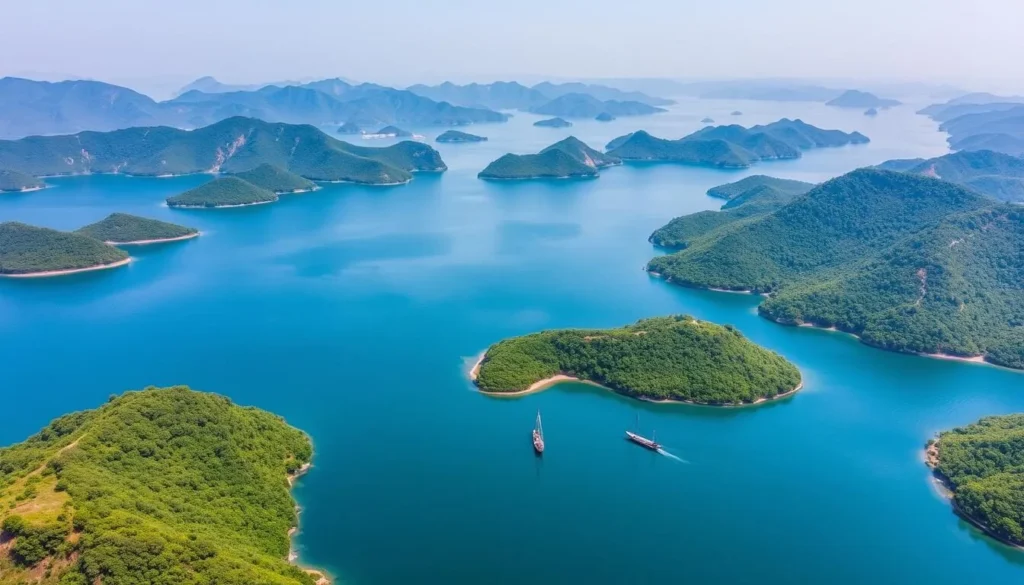 Aerial view of Kaptai Lake with surrounding green hills and small islands in Chittagong Hill Tracts, Bangladesh