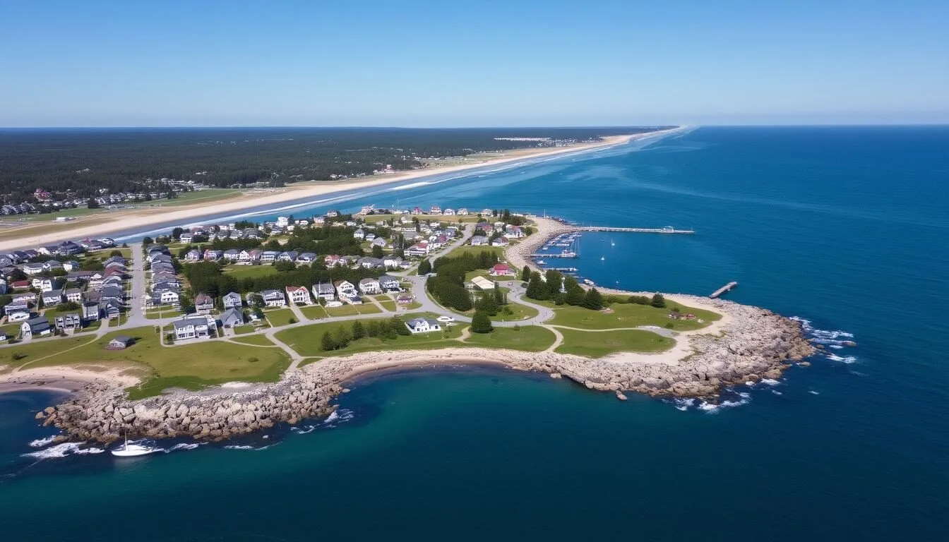 Aerial view of Kennebunk Maine coastline with beaches and harbor