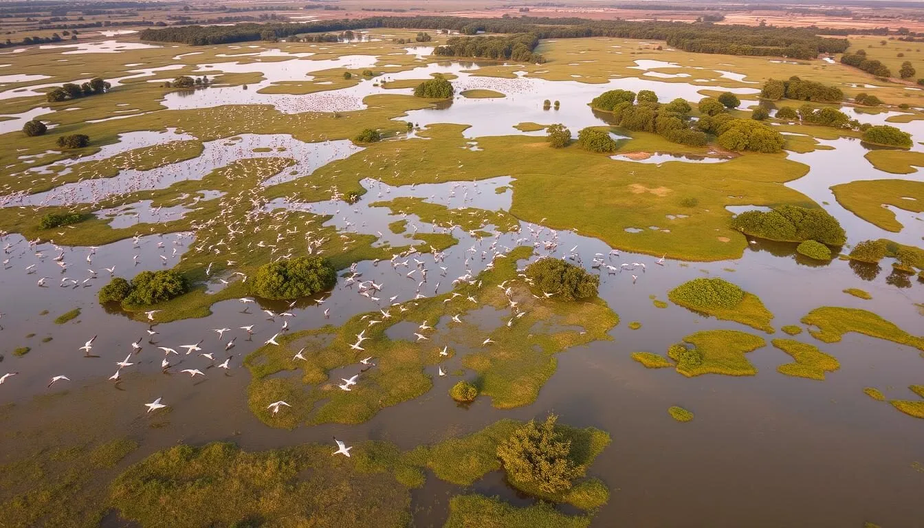 Aerial view of Keoladeo National Park in Bharatpur, Rajasthan showing wetlands with flocks of migratory birds
