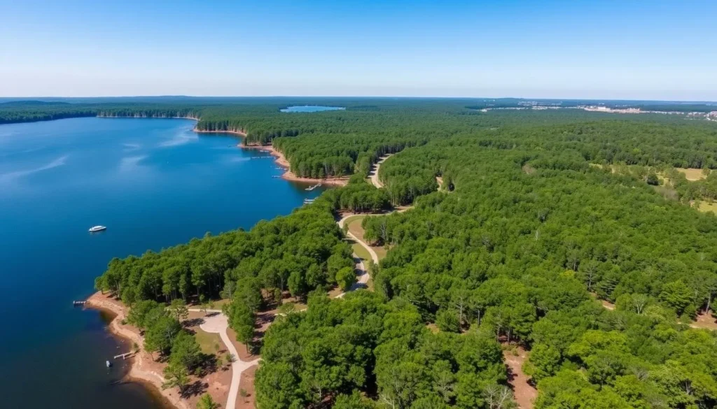 Aerial view of Lake Crabtree County Park showing the lake, surrounding trails, and forested areas