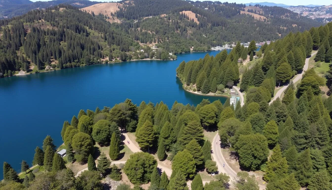 Aerial view of Lake Temescal in Oakland California showing the lake surrounded by trees and hiking trails