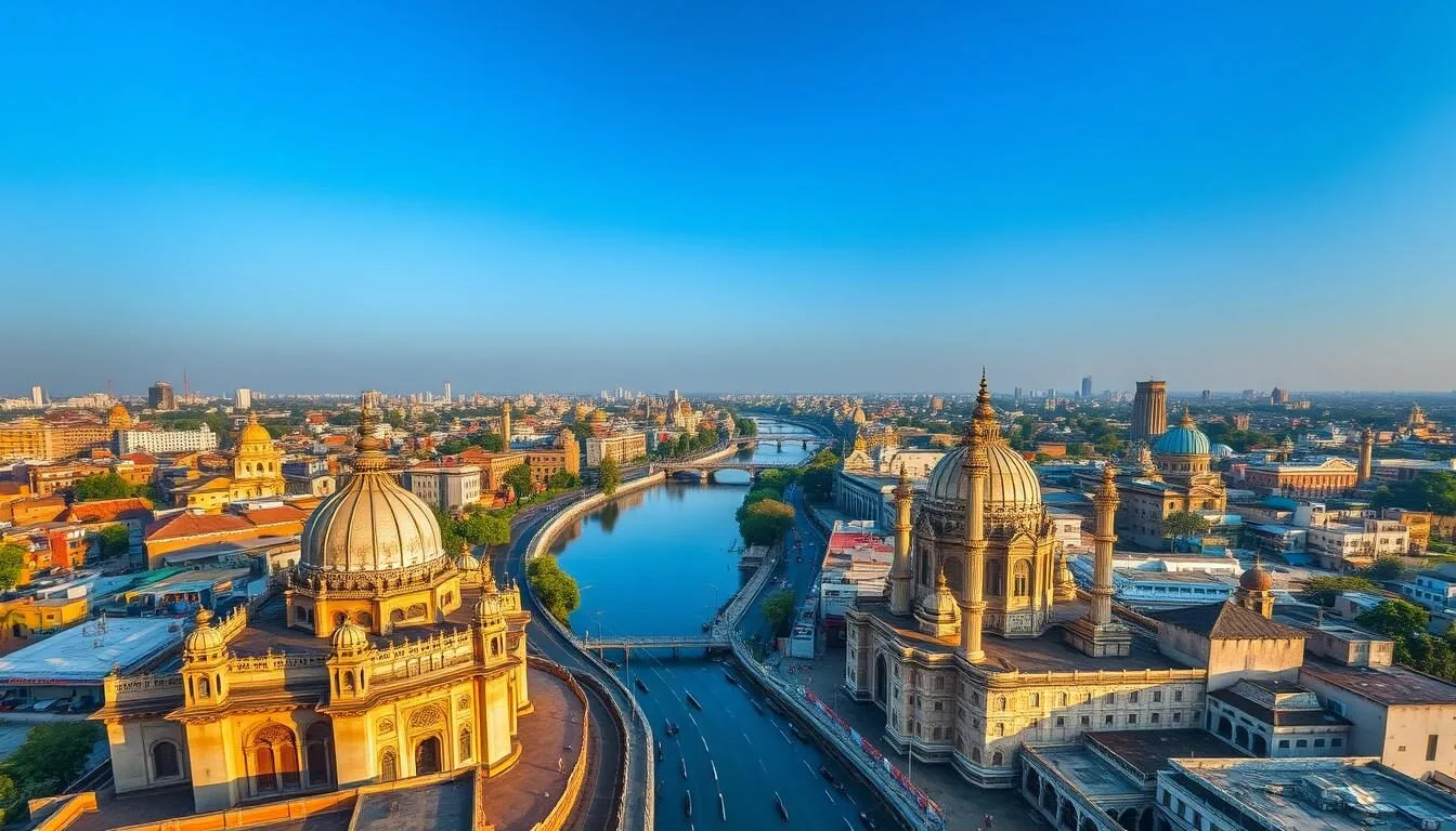 Aerial view of Lucknow city showing the historic architecture and modern developments with Gomti River flowing through