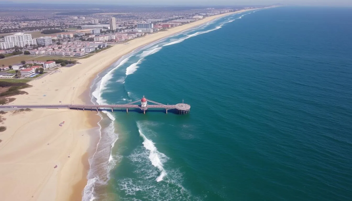 Aerial view of Manhattan Beach coastline showing the iconic pier and beautiful sandy beaches on a sunny day