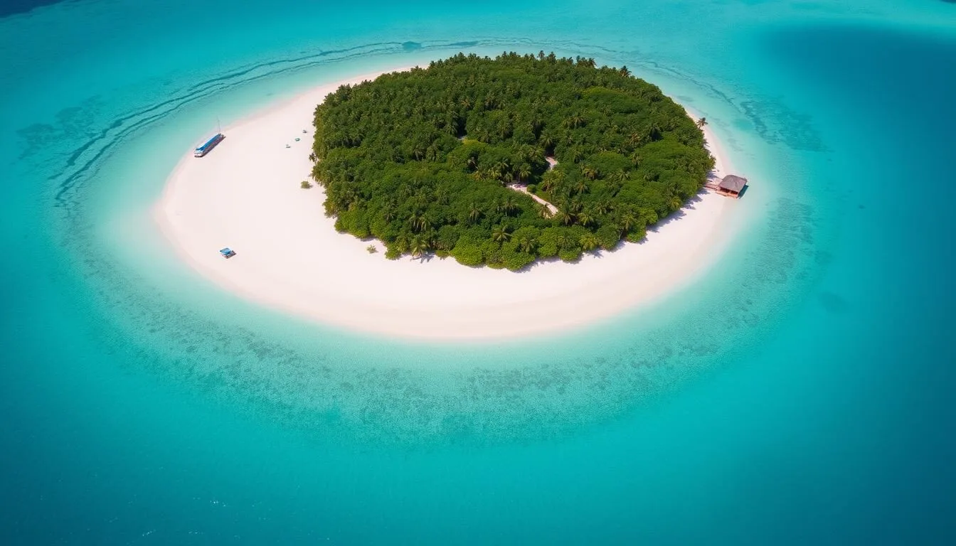 Aerial view of Mantigue Island Philippines showing pristine white beaches and crystal clear turquoise waters surrounding the lush green interior