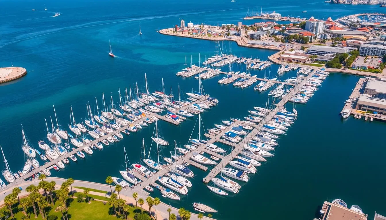 Aerial view of Marina del Rey harbor with hundreds of boats docked in the marina on a sunny day with the Los Angeles mountains in the background
