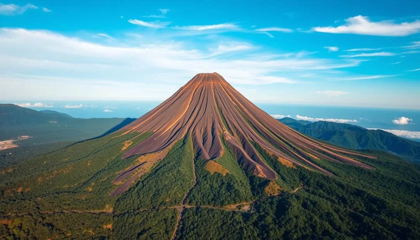 Aerial view of Mayon Volcano in Bicol, Philippines with its perfect cone shape rising above lush green landscapes