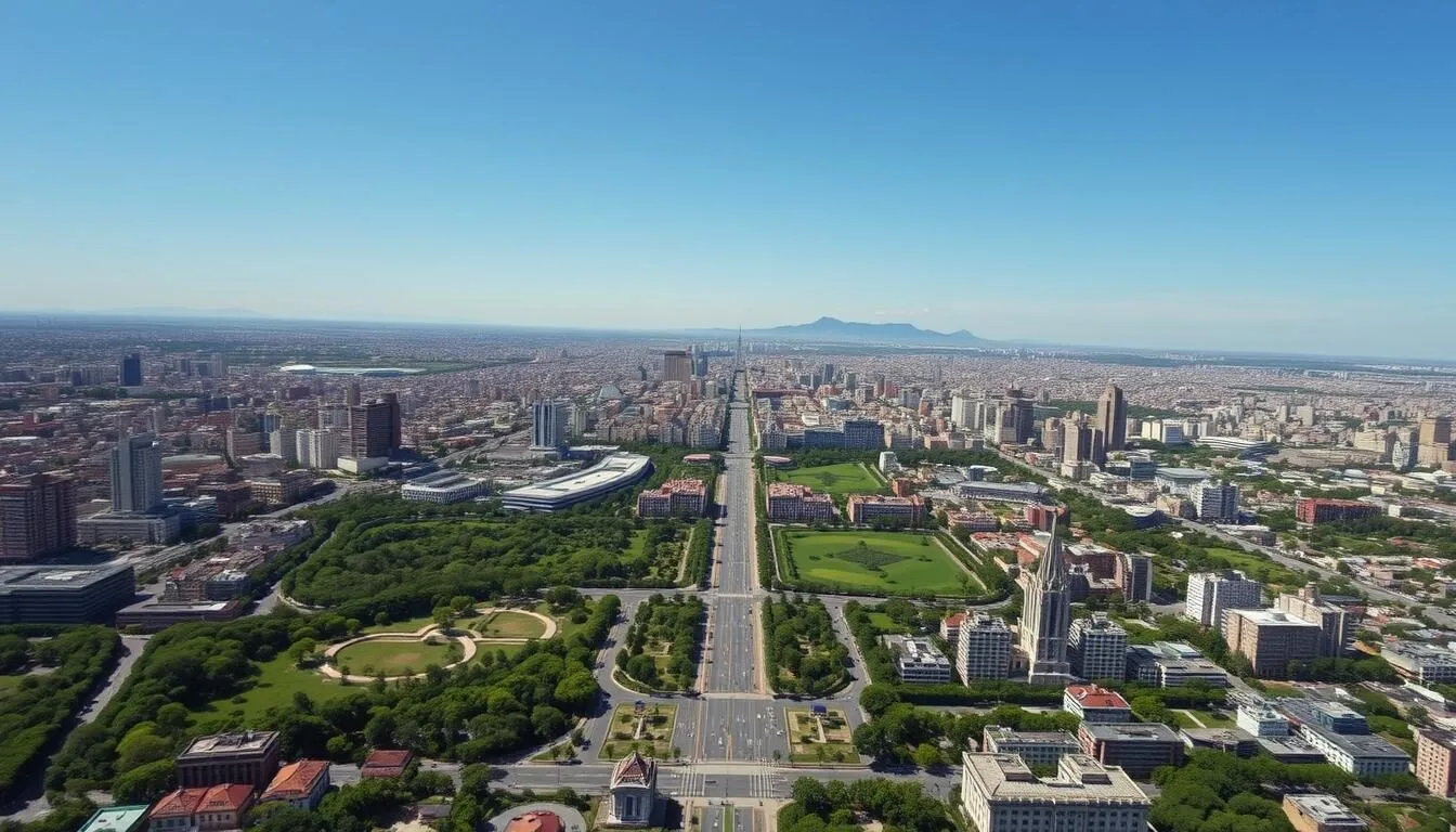 Aerial view of Mexico City showing the sprawling urban landscape with Paseo de la Reforma and Chapultepec Park on a clear sunny day