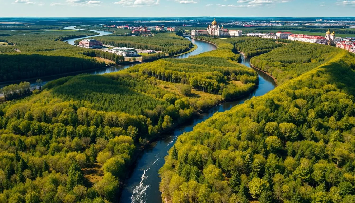 Aerial view of Moscow Oblast landscape showing forests, rivers, and historic buildings on a sunny day