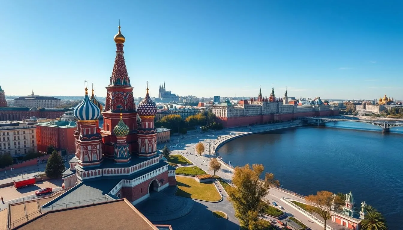 Aerial view of Moscow city center with St. Basil's Cathedral and the Kremlin on a sunny day