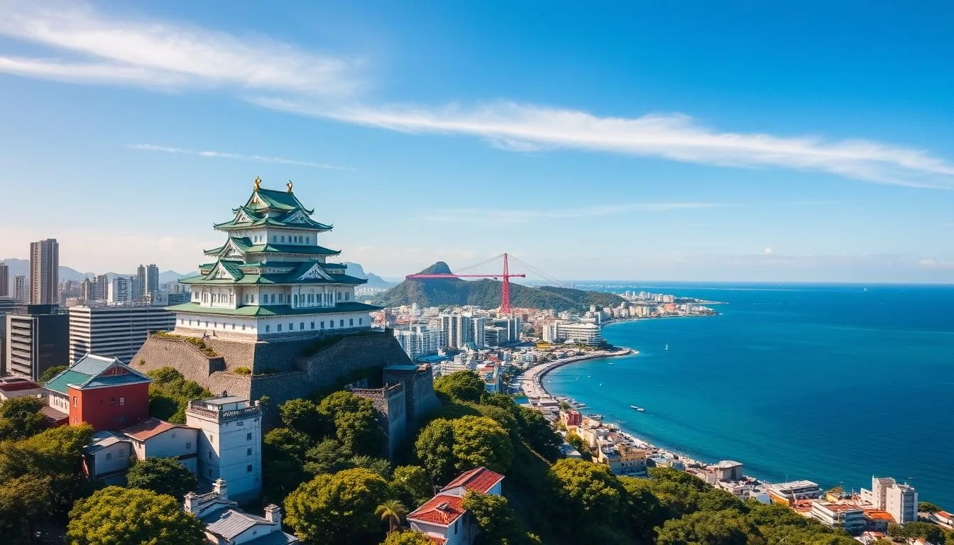 Aerial view of Naha city with Shuri Castle and blue ocean in the background