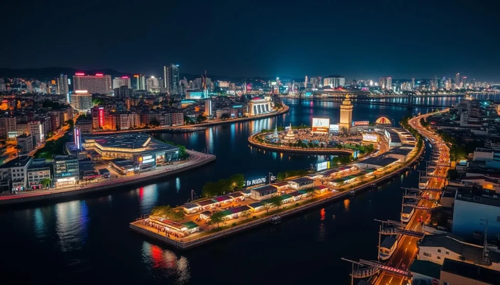 Aerial view of Nakasu district in Fukuoka at night with illuminated buildings and rivers