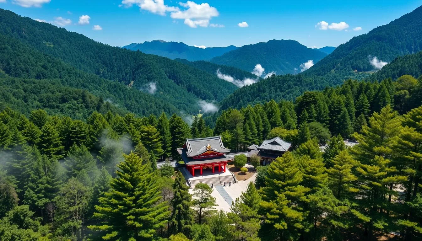 Aerial-view-of-Nikko-Japan-showing-the-UNESCO-World-Heritage-shrine-complex-surrounded-by-lush Aerial view of Nikko, Japan showing the UNESCO World Heritage shrine complex surrounded by lush green mountains
