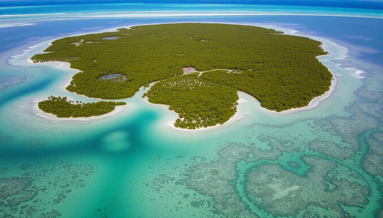 Aerial view of Olango Island, Philippines showing the wildlife sanctuary wetlands and surrounding turquoise waters