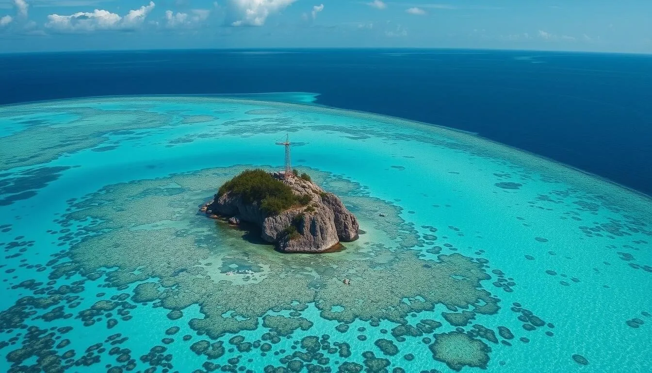 Aerial view of Pescador Island, Philippines with turquoise waters surrounding the small rocky island