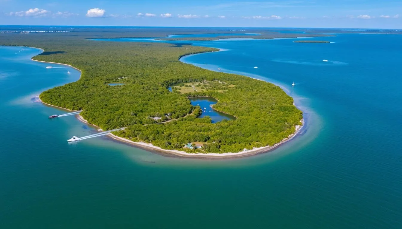 Aerial view of Pine Island, Florida showing the lush mangrove coastline and waterways that make this island unique among Florida destinations