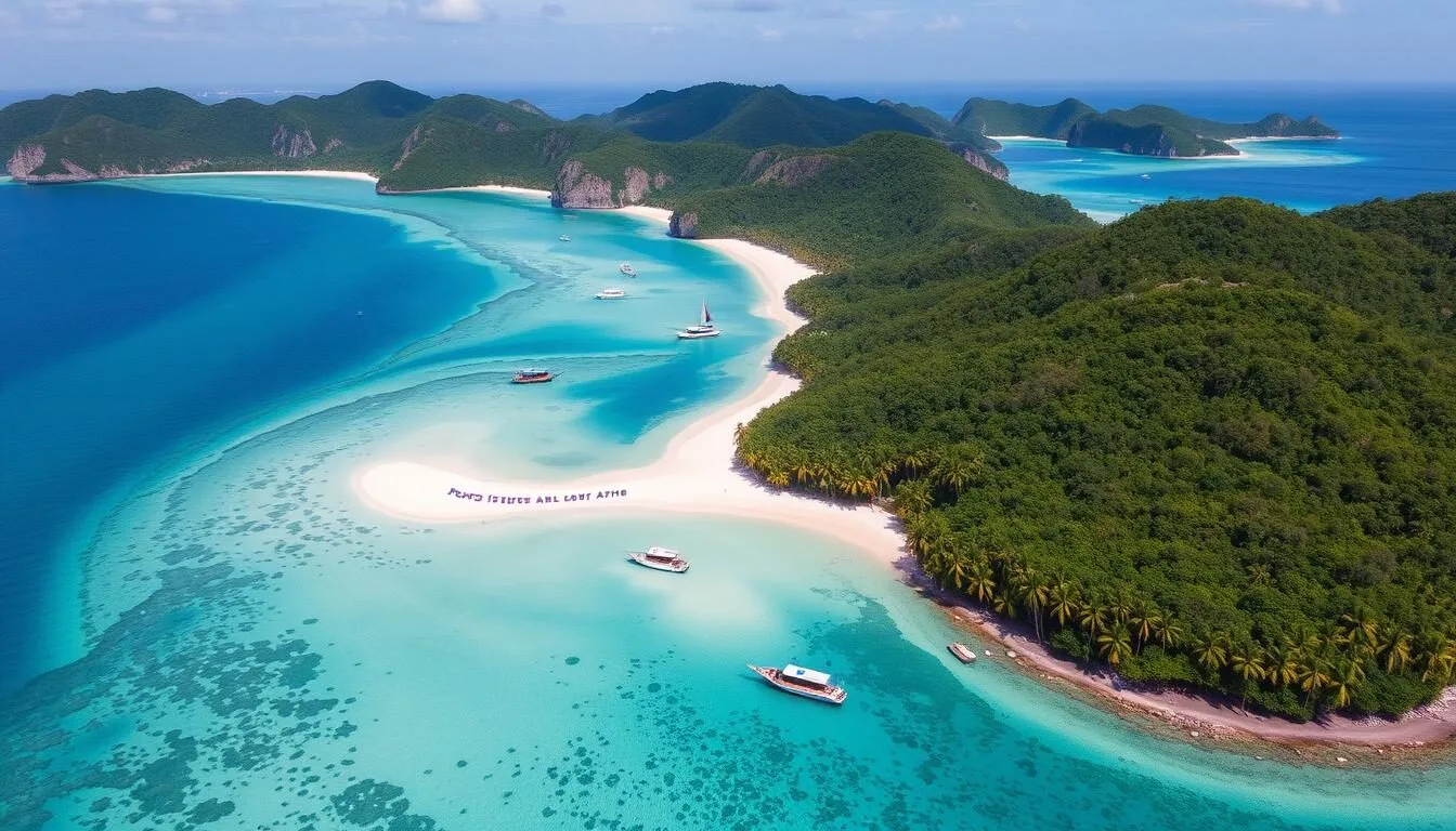 Aerial view of Poro Island's coastline showing white sand beaches and crystal clear turquoise waters