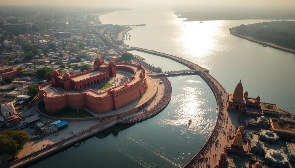 Aerial view of Prayagraj, an ancient city nestled along the sacred confluence of the Ganges, Yamuna, and Saraswati rivers. Capture the majestic Akbar Fort, its red sandstone walls mirroring the shimmering waters. Showcase the iconic Triveni Sangam, where pilgrims gather to bathe in the holy river. Depict the vibrant streetscapes, with bustling markets, towering temples, and the serene Allahabad University campus. Infuse the scene with warm, golden sunlight casting a divine glow over the city. Convey a sense of timeless spirituality and cultural heritage that permeates Prayagraj, the "Confluence of Faiths."
