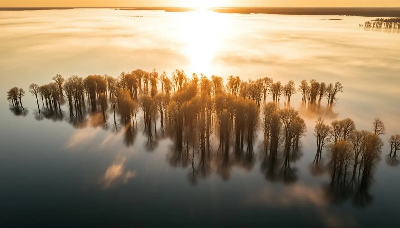 Aerial view of Reelfoot Lake, Tennessee showing cypress trees emerging from the water during sunset