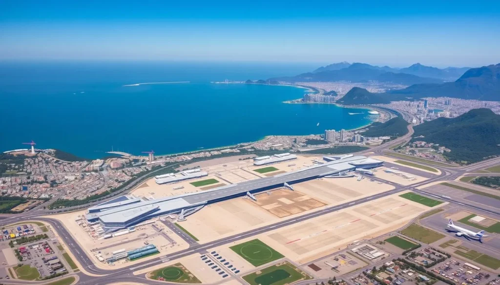Aerial view of Rio de Janeiro's Galeão International Airport with mountains and bay in the background