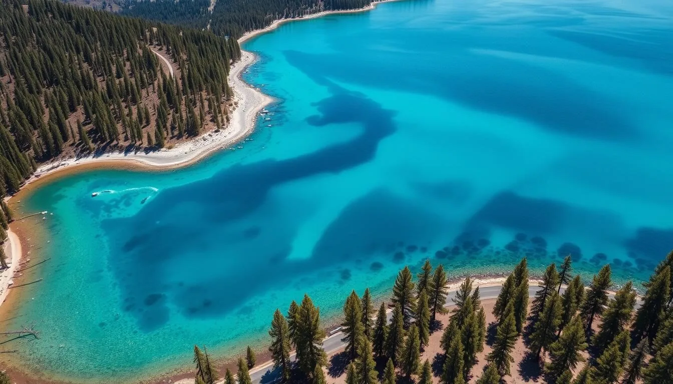 Aerial view of Rubicon Bay's turquoise waters and surrounding pine forests in Lake Tahoe, California