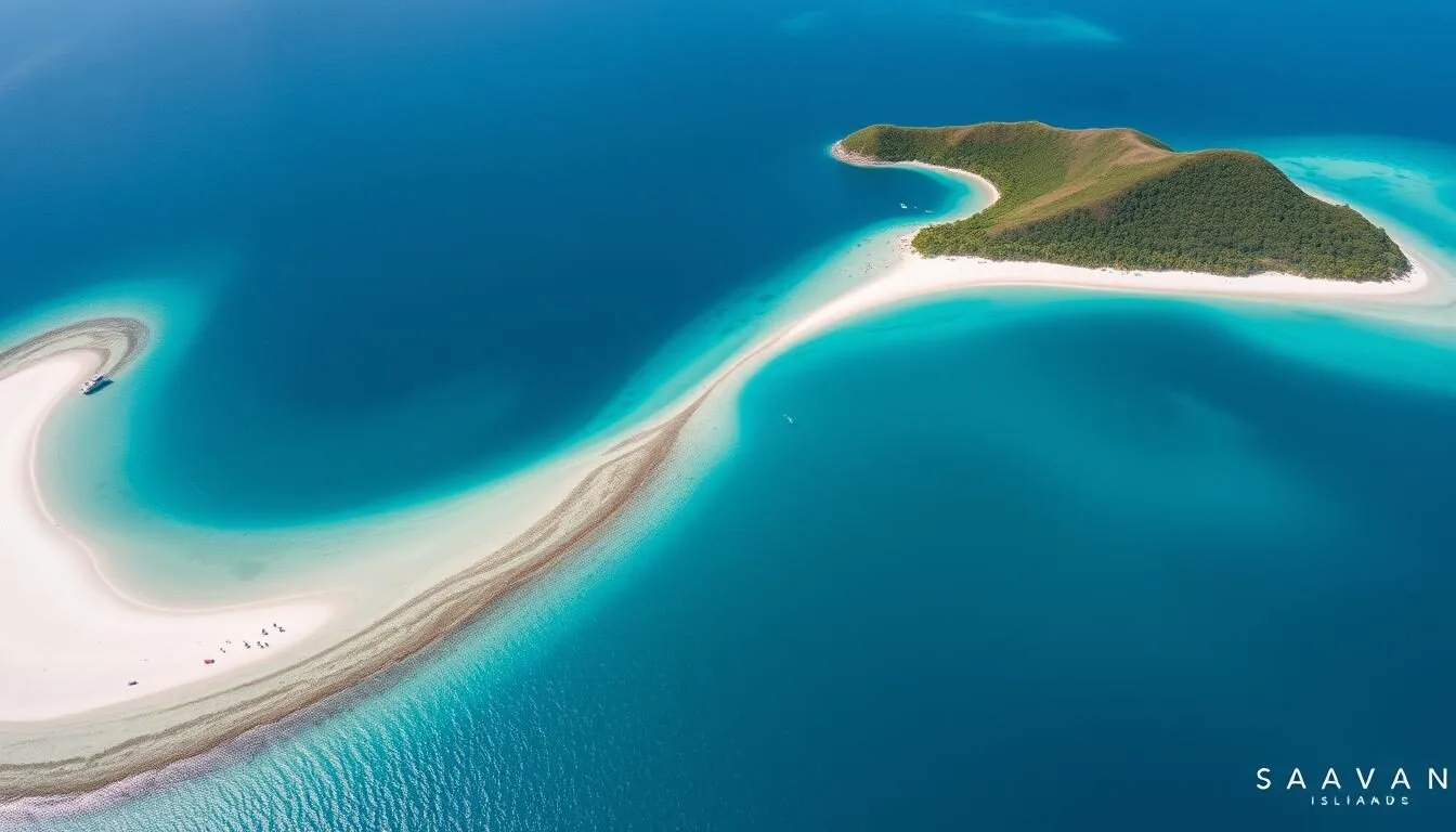 Aerial view of Sambawan Island showing its distinctive curved shape, turquoise waters, and white sandy beaches