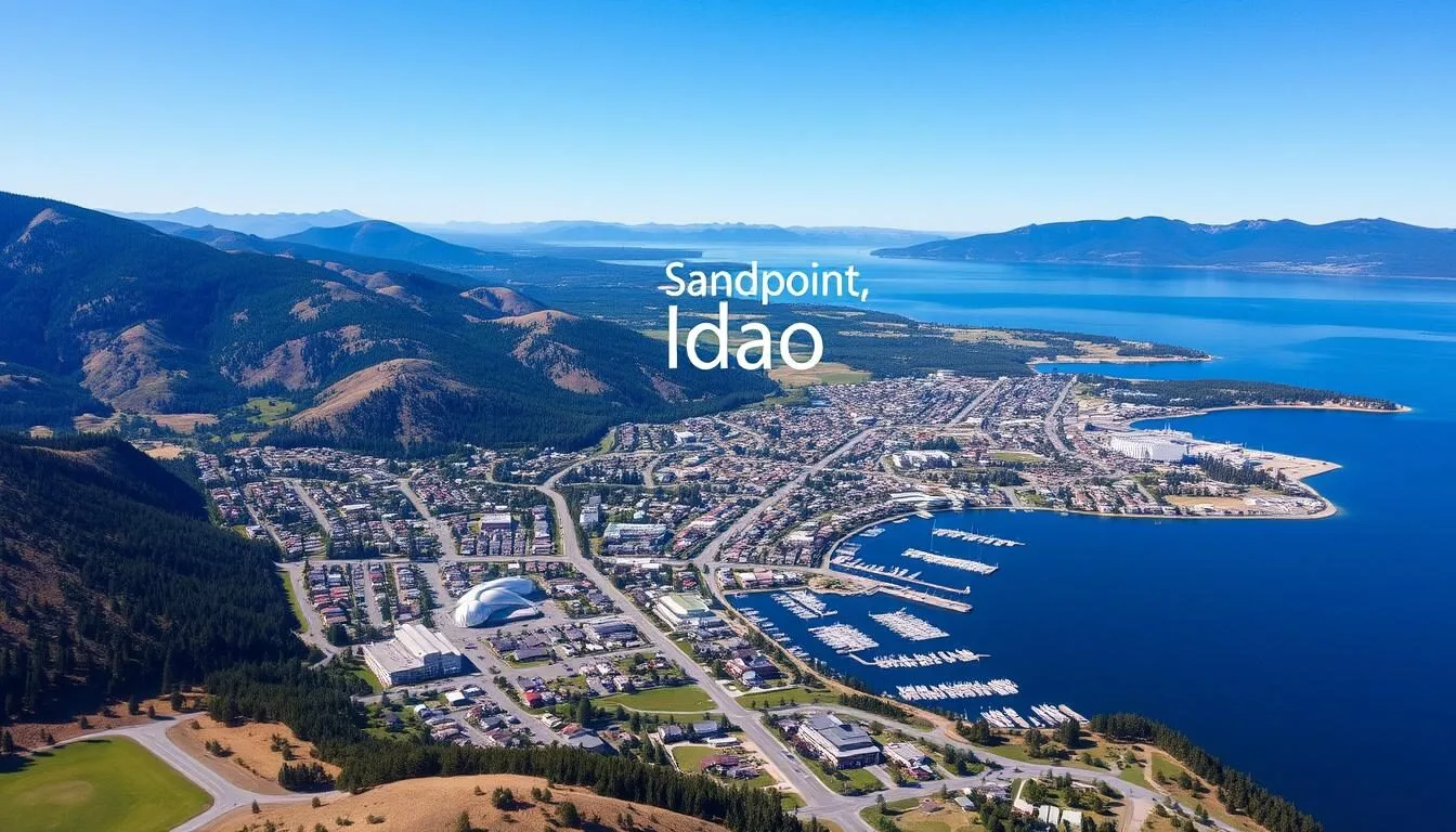Aerial view of Sandpoint Idaho with Lake Pend Oreille and surrounding mountains