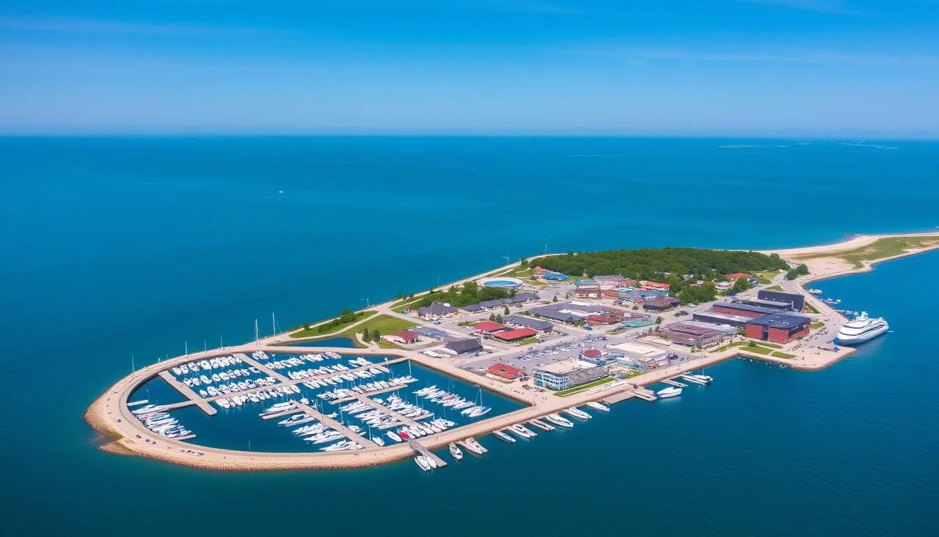 Aerial view of South Bass Island and Put-in-Bay harbor on a sunny day with boats in the water and Lake Erie Islands Ohio things to do