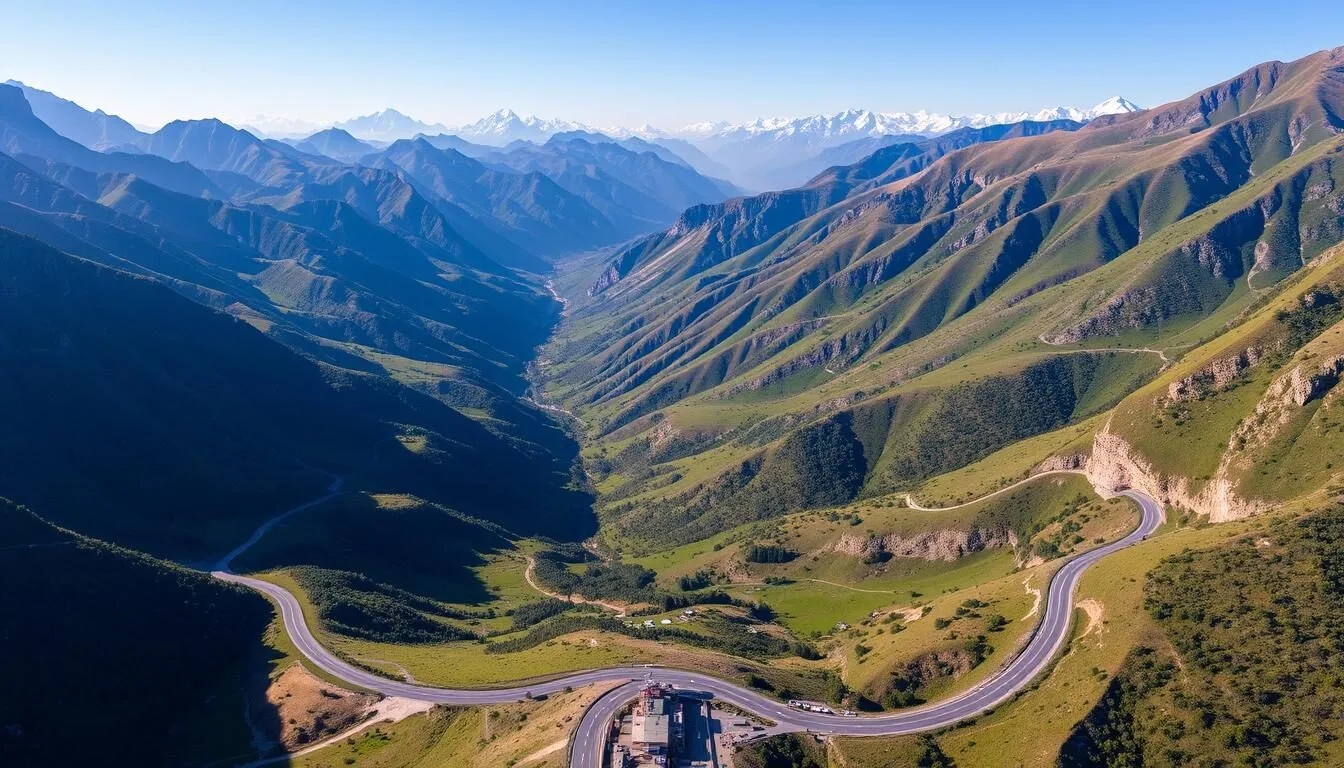 Aerial view of Swat Valley, Pakistan showing winding roads through mountains with lush green valleys and snow-capped peaks