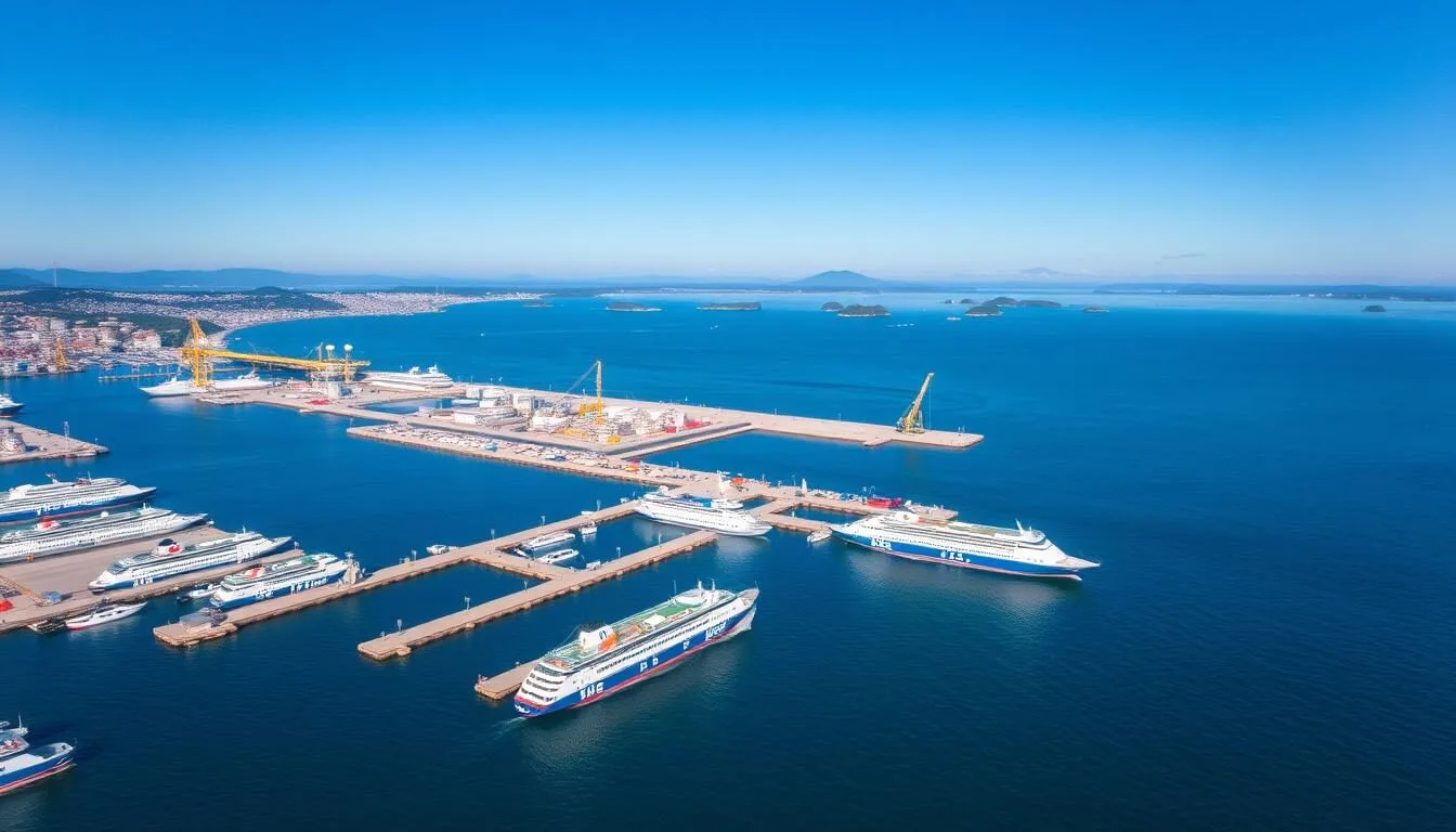 Aerial view of Takamatsu Port with ferries and the Seto Inland Sea in the background
