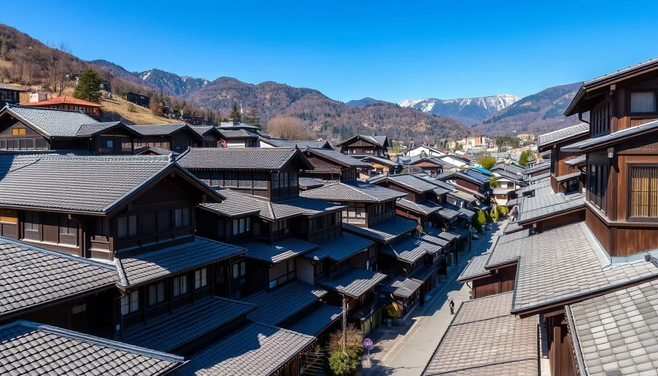 Aerial view of Takayama's historic district with traditional wooden buildings and surrounding mountains, showcasing the best things to do in Takayama Japan