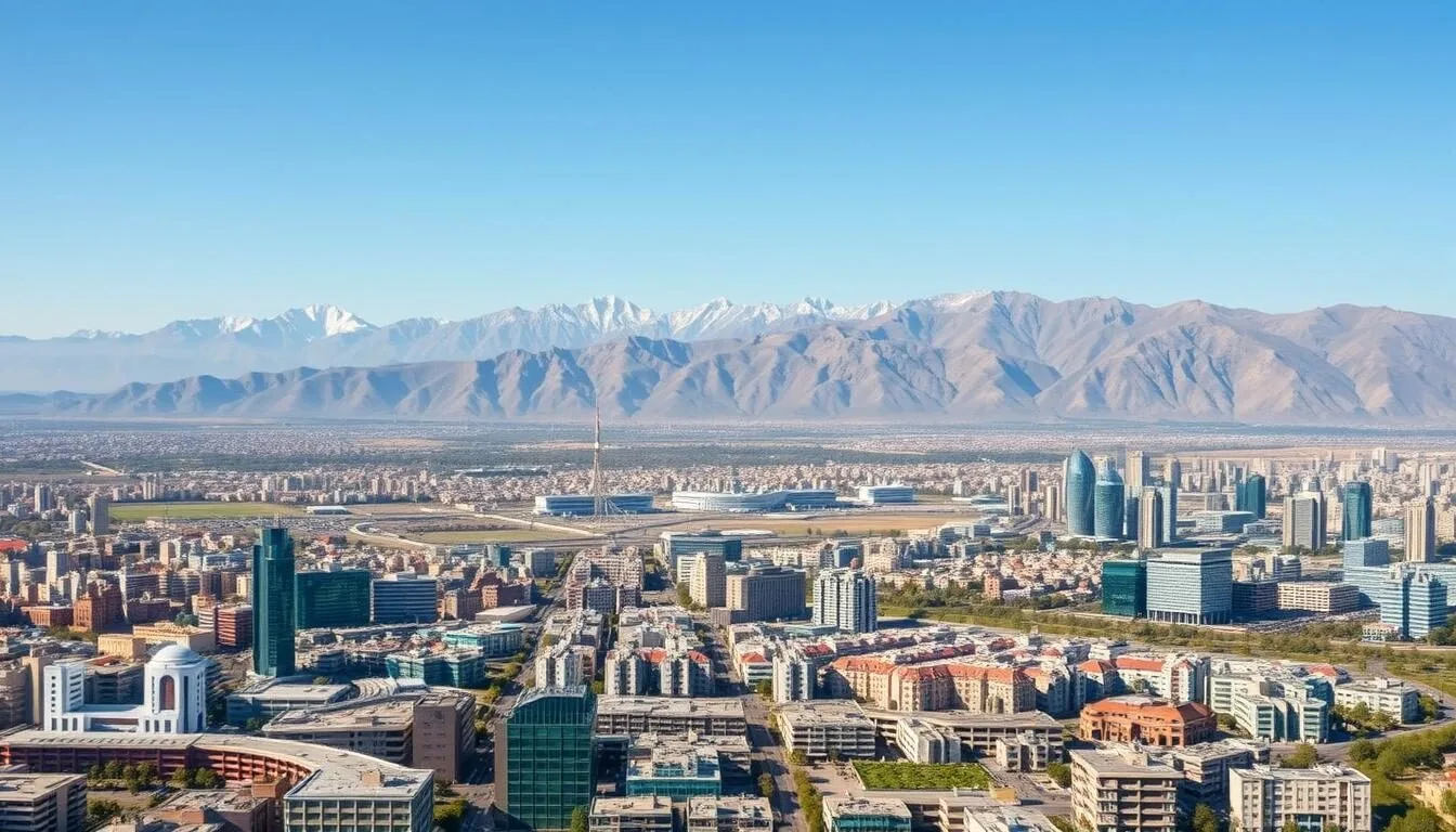 Aerial view of Tehran cityscape with mountains in the background showing the best things to do in Tehran Iran