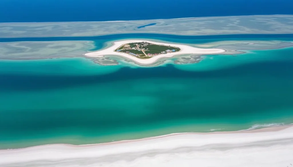 Aerial view of The Point Island, North Carolina showing where the Atlantic Ocean meets the Intracoastal Waterway