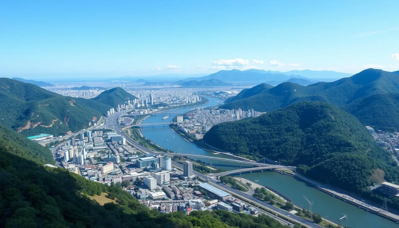Aerial view of Tokushima City with mountains in the background and the Yoshino River flowing through on a clear day