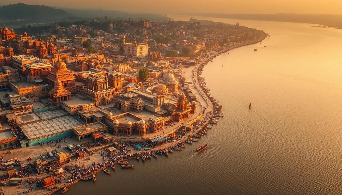 Aerial view of Varanasi showing the winding Ganges River with ghats and ancient buildings lining its banks during golden hour