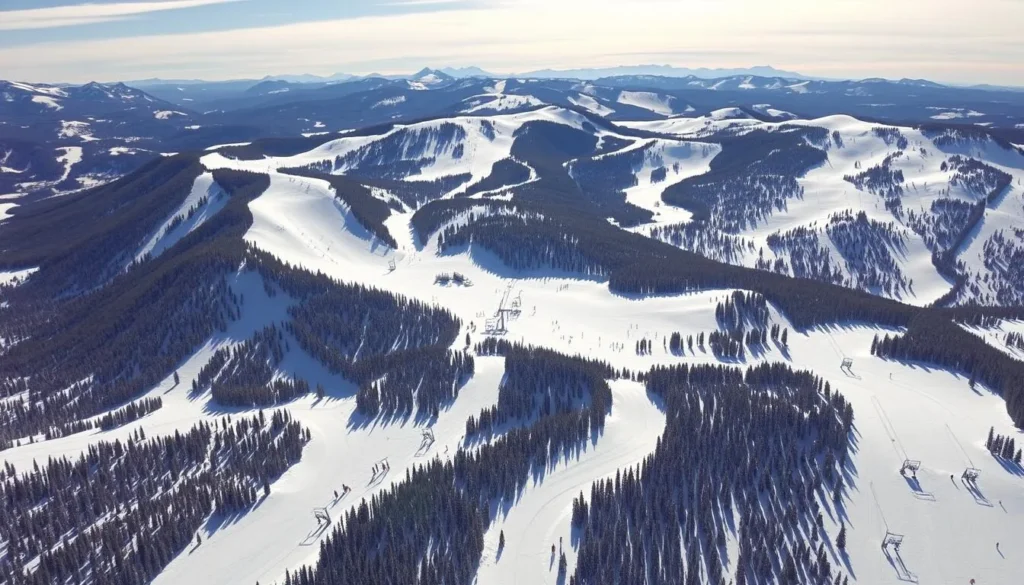 Aerial view of Wolf Creek Ski Area showing multiple ski runs and lifts Aerial view of Wolf Creek Ski Area showing multiple ski runs and lifts