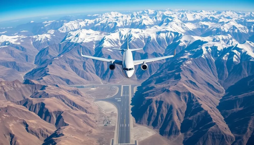 Aerial view of a plane approaching Skardu airport with mountains in the background