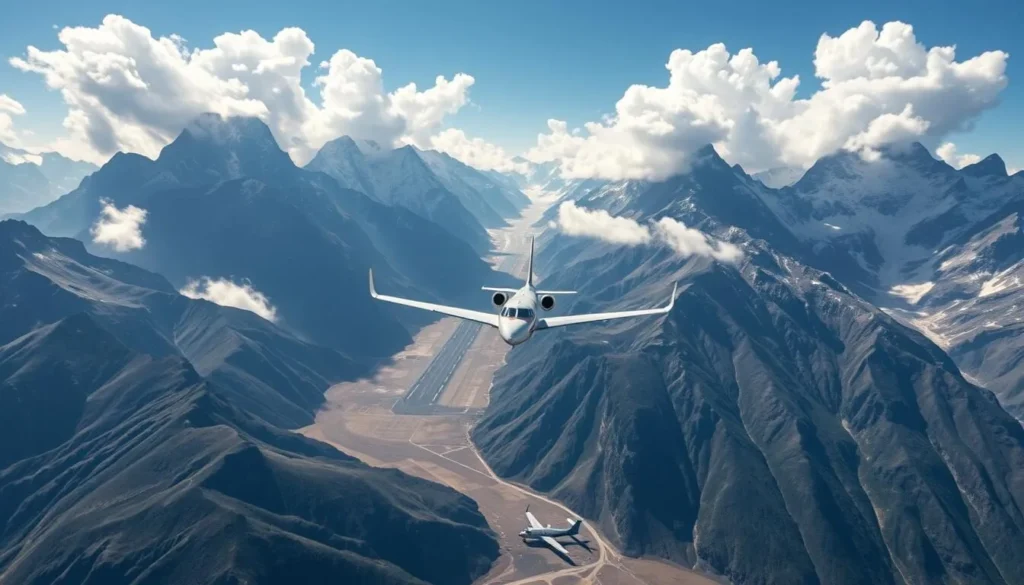 Aerial view of a small aircraft approaching Gilgit Airport surrounded by towering mountains of the Gilgit-Baltistan region Aerial view of a small aircraft approaching Gilgit Airport surrounded by towering mountains of the Gilgit-Baltistan region
