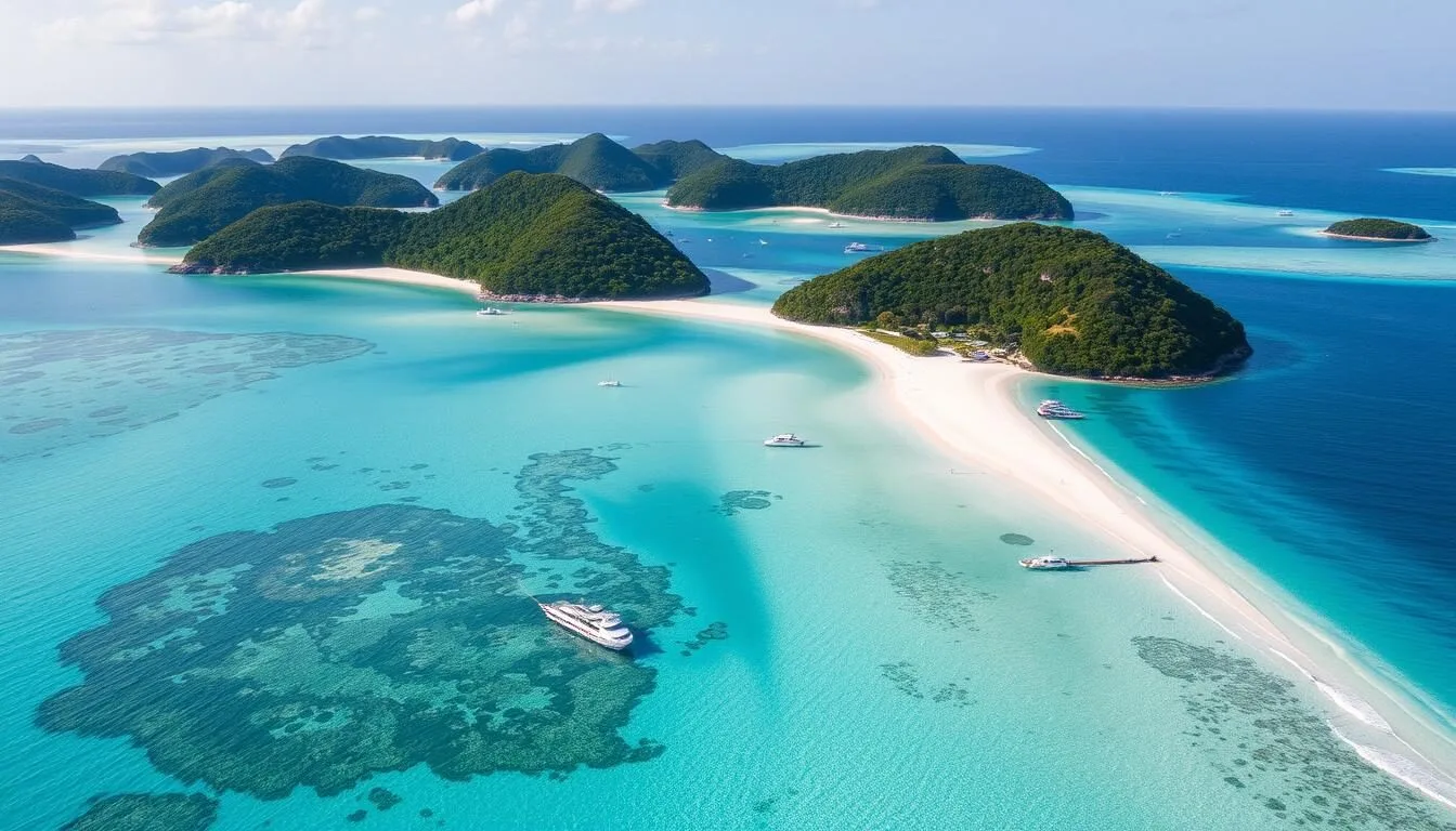 Aerial view of the turquoise waters surrounding the Yaeyama Islands, Japan