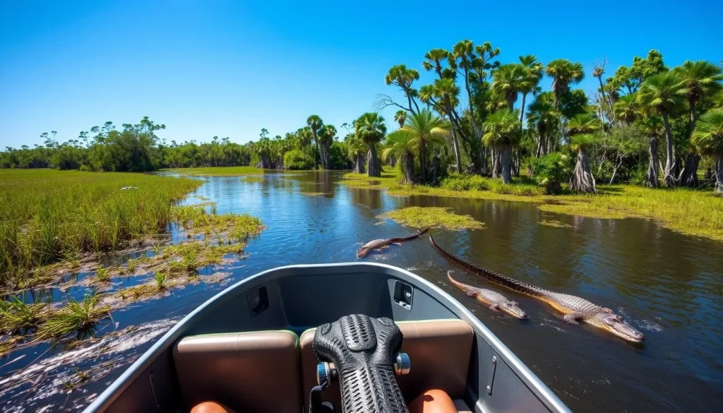 Airboat tour through the Everglades National Park in Florida with alligators visible Airboat tour through the Everglades National Park in Florida with alligators visible