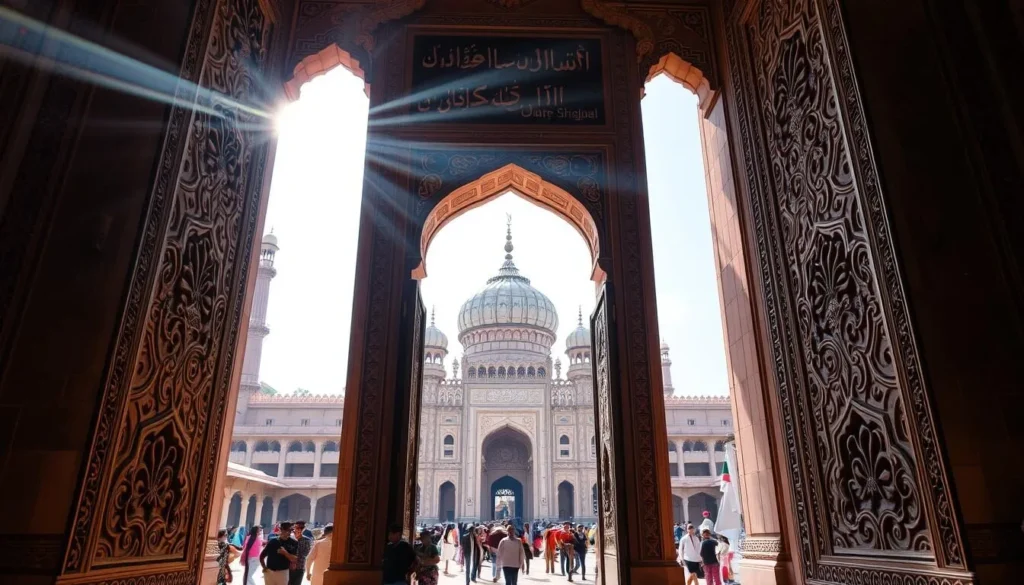 Ajmer Sharif Dargah, the revered Sufi shrine, stands tall with its ornate, intricate gates framing the entrance. Towering arches, adorned with intricate carvings and calligraphy, welcome visitors into the sacred complex. Sunlight filters through the elaborately designed openings, casting a warm, ethereal glow upon the sandstone facades. In the foreground, the grand, ornamental gates draw the eye, their detailed patterns and ornate designs inviting exploration. The middle ground reveals the bustling activity within the dargah, with devotees and pilgrims moving reverently through the sacred spaces. In the background, the domed structures and minarets of the shrine complex rise majestically, conveying a sense of timeless spirituality and architectural grandeur.
