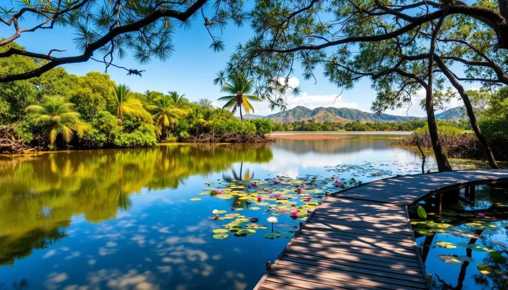 Albufera Natural Park, a lush wetland oasis nestled along the coast of Valencia, Venezuela. Capture the tranquil waters reflecting the surrounding verdant mangroves and palm trees, their intricate branches casting gentle shadows. In the foreground, a wooden boardwalk winds through the serene landscape, inviting visitors to immerse themselves in the park's diverse flora and fauna. The mid-ground showcases vibrant water lilies and lotus flowers floating atop the still surface, while in the distance, rolling hills and a clear, azure sky create a picturesque backdrop. Utilize a wide-angle lens to convey the expansive natural beauty, and ambient lighting to evoke a warm, sun-dappled atmosphere, transporting the viewer to this peaceful haven for nature lovers.