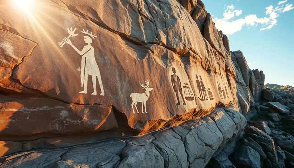 Alta rock art, a captivating display of ancient human expression amidst the rugged Nordic landscape. Depict a sun-dappled scene, where the carved figures of reindeer, boats, and human forms come to life on the weathered granite cliffs. Capture the dramatic interplay of light and shadow, with the smooth rock surfaces reflecting the warm glow of the day. Highlight the intricate details of the rock carvings, each stroke a testament to the skill and creativity of the artists who created them centuries ago. Convey a sense of timelessness, where the past and present converge in a stunning visual narrative.