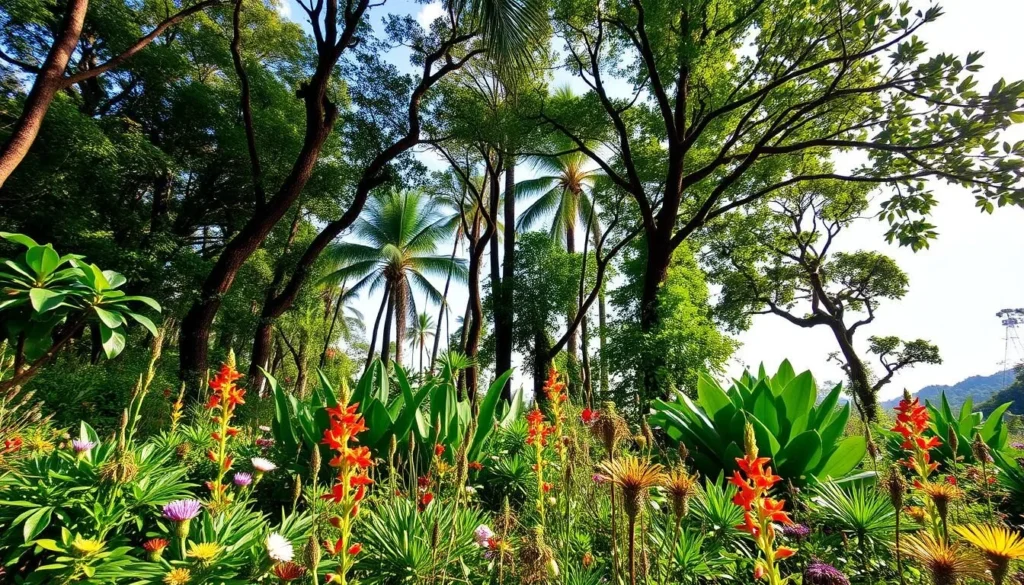 An abundant display of diverse tropical flora in Aparados da Serra National Park, Brazil. Tall, lush green trees with vibrant foliage fill the mid-ground, their branches reaching towards a bright, sun-dappled sky. In the foreground, a colorful array of native flowers and plants carpet the forest floor, their delicate petals and leaves swaying gently in a light breeze. The overall scene conveys a sense of natural harmony and tranquility, inviting the viewer to immerse themselves in the park's unique and thriving ecosystem.