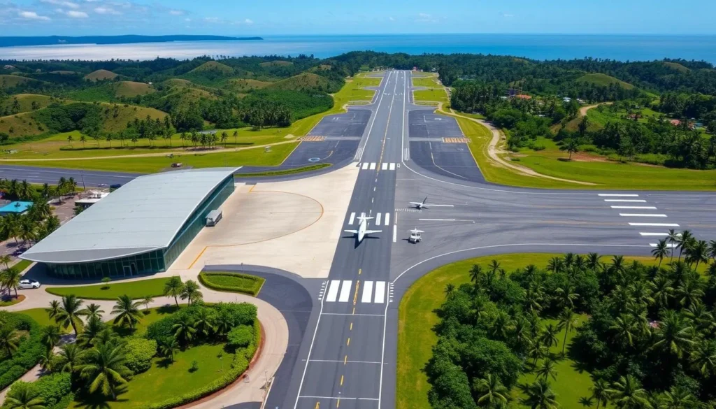 An aerial view of Kannur Airport in the southern Indian state of Kerala on a bright, sunny day. The modern terminal building with its curved roof and glass walls stands prominently in the foreground, surrounded by lush green landscaping. In the middle ground, the long runway stretches out, with a few aircraft either landing or taking off. The background showcases the stunning natural beauty of the region, with undulating hills, swaying palm trees, and the shimmering waters of the Arabian Sea in the distance. The scene conveys a sense of calm, efficiency, and the region's alluring tropical charm.