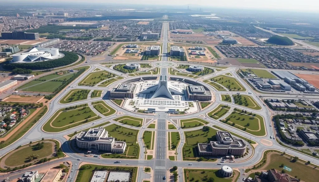 An aerial view of the planned layout of Brasilia, the capital city of Brazil. Capture the city's unique design, with its prominent, sweeping avenues and gridlike organization of buildings and neighborhoods. Depict the city's distinct architectural style, featuring modernist buildings and structures with clean lines and geometric shapes. Showcase the city's grand, open spaces and central plaza, creating a sense of order and symmetry. Utilize natural lighting to accentuate the city's architectural features and create a sense of depth and scale. Render the scene with a high level of detail, allowing the viewer to appreciate the intricacies of Brasilia's innovative urban planning.