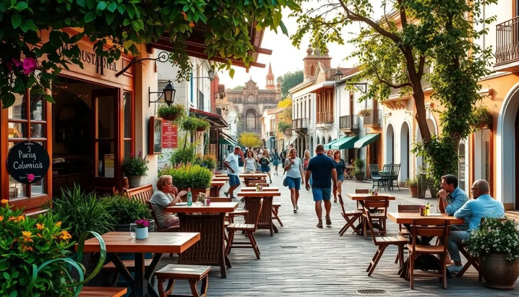 An al fresco dining scene in the charming city of San Gil, Colombia. In the foreground, a cozy outdoor terrace of a local restaurant, adorned with lush greenery and vibrant flowers. Rustic wooden tables and chairs invite patrons to savor the flavors of Colombian cuisine under the warm, golden sunlight. In the middle ground, pedestrians stroll along the quaint, cobblestone streets, while in the background, the historic architecture of San Gil's buildings creates a picturesque backdrop. The atmosphere is lively and inviting, capturing the essence of the city's vibrant culinary scene.
