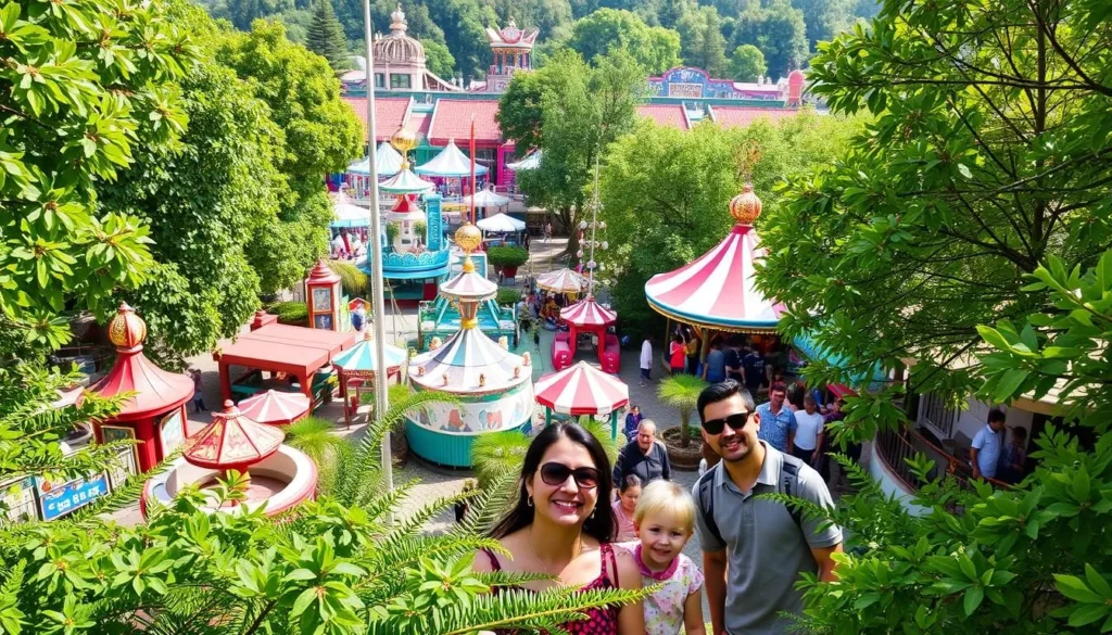 An amusement park with various rides and attractions, surrounded by lush greenery, with families enjoying their time together.